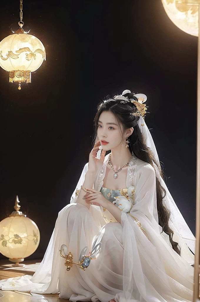 (((best quality))),(((ultra detailed))),(((masterpiece))),illustration,((1 beautiful girl,fairy,Chang'e,solo)),((earrings,necklace)),((slim,thin)),((small breasts,flat chest)),(magnificent white sheer Hanfu:1.3),(slender legs:1.2),(stockings:1.3),(a jade rabbit:1.5),((moon,Mid-Autumn Festival)),(in luxurious crystal palace:1.3),face bright,beautiful and moving,exquisite patterns,gold and silver threads,flowing skirt,charming,hair accessory,silver hairpin,gemstones,brilliance,luxurious decorations,gold and silver jewelry,transparent windows,crystal balls,gemstone towers,bright moonlight,mysterious and beautiful,enjoy,story of Chang'e,fairyland,(indoor:1.3),(night scene:1.3),((from front,upper body))