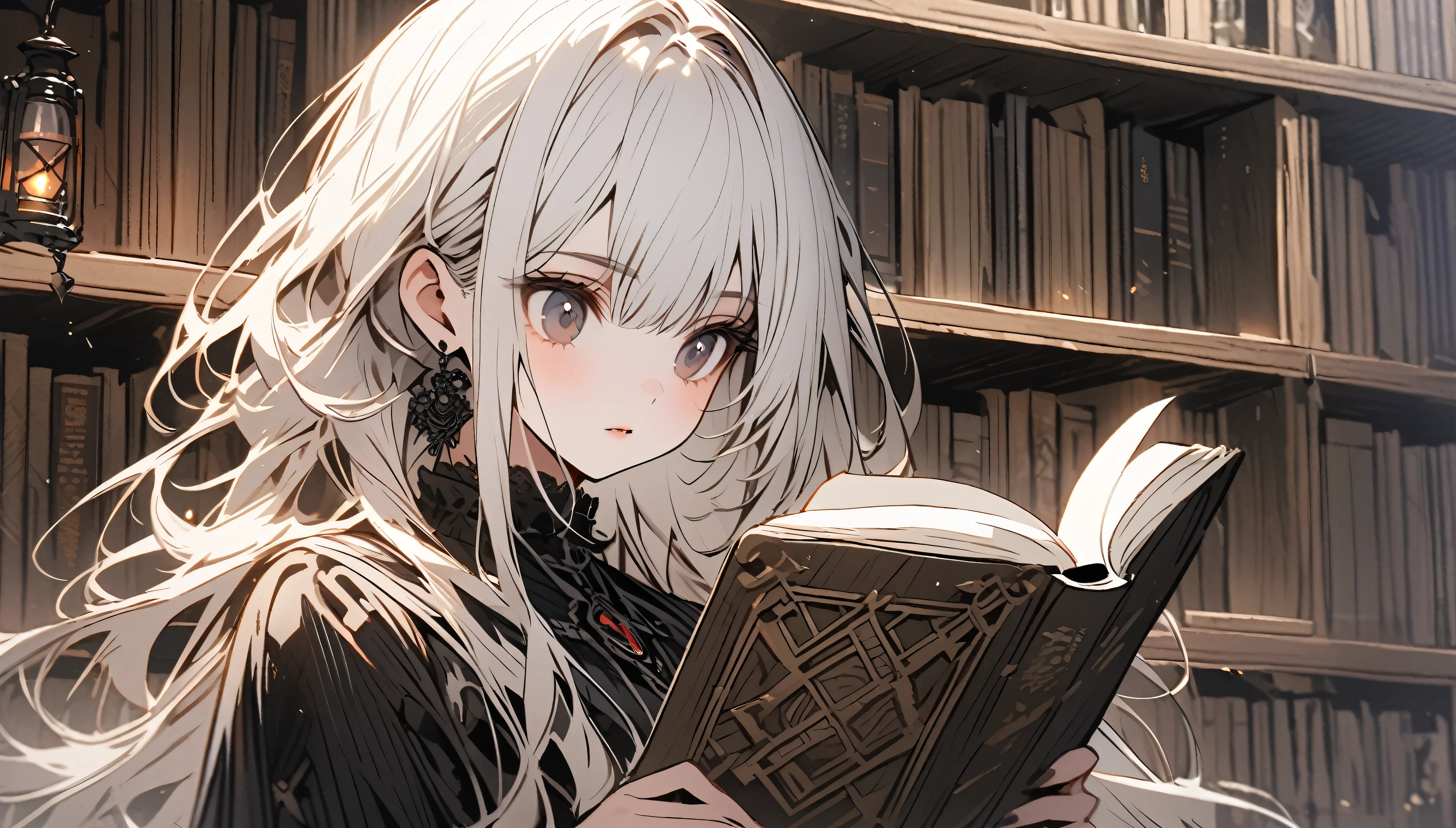 Beautiful girl with white hair，Wearing a black gothic skirt，Standing next to the bookshelf and reading a book，library，A metal lantern is placed nearby.，solo，Character Close-up，Detailed characters