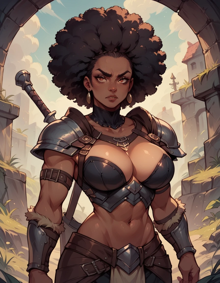 a short and thin black woman with big breasts and afro hair without clothes barbarian class using her ax sensual poses