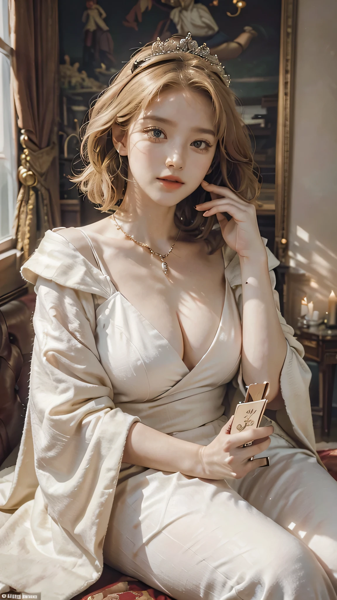 (Masterpiece: 1.2, Best Quality), Realistic, (Realistic Picture, Complex Details, Depth of Field), Best Quality, Masterpiece, Highly Detailed, Semi Realistic, 1 Girl, Mature Female, 2, Blond Hair, Shoulder length Short Hair, Left Eye Covered with Hair, Blue Eyes, King's Clothes, Red Cloak, Slim Figure, Crown Made of Precious Gold, Reading Documents, Marking Documents, Goose Hair Pen, Office Table, Soft Bench, Palace, In the palace, during the Middle Ages