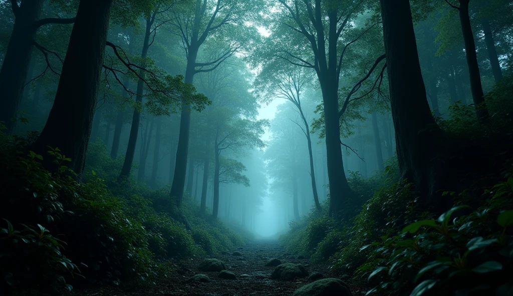 (Masterpiece:1.2,Highest quality,Ultra high resolution,very detailed,realistic,Ultra high resolution,8ก,Wallpaper,(ถ่ายภาพhorror),(The picture shows a detailed view of a dense forest covered with trees.),There is a scary bright light.,nighttime,Thailand,Quiet and scary,horror