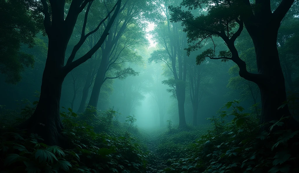(Masterpiece:1.2,Highest quality,Ultra high resolution,very detailed,realistic,Ultra high resolution,8ก,Wallpaper,(ถ่ายภาพhorror),(The picture shows a detailed view of a dense forest covered with trees.),There is a scary bright light.,nighttime,Thailand,Quiet and scary,horror