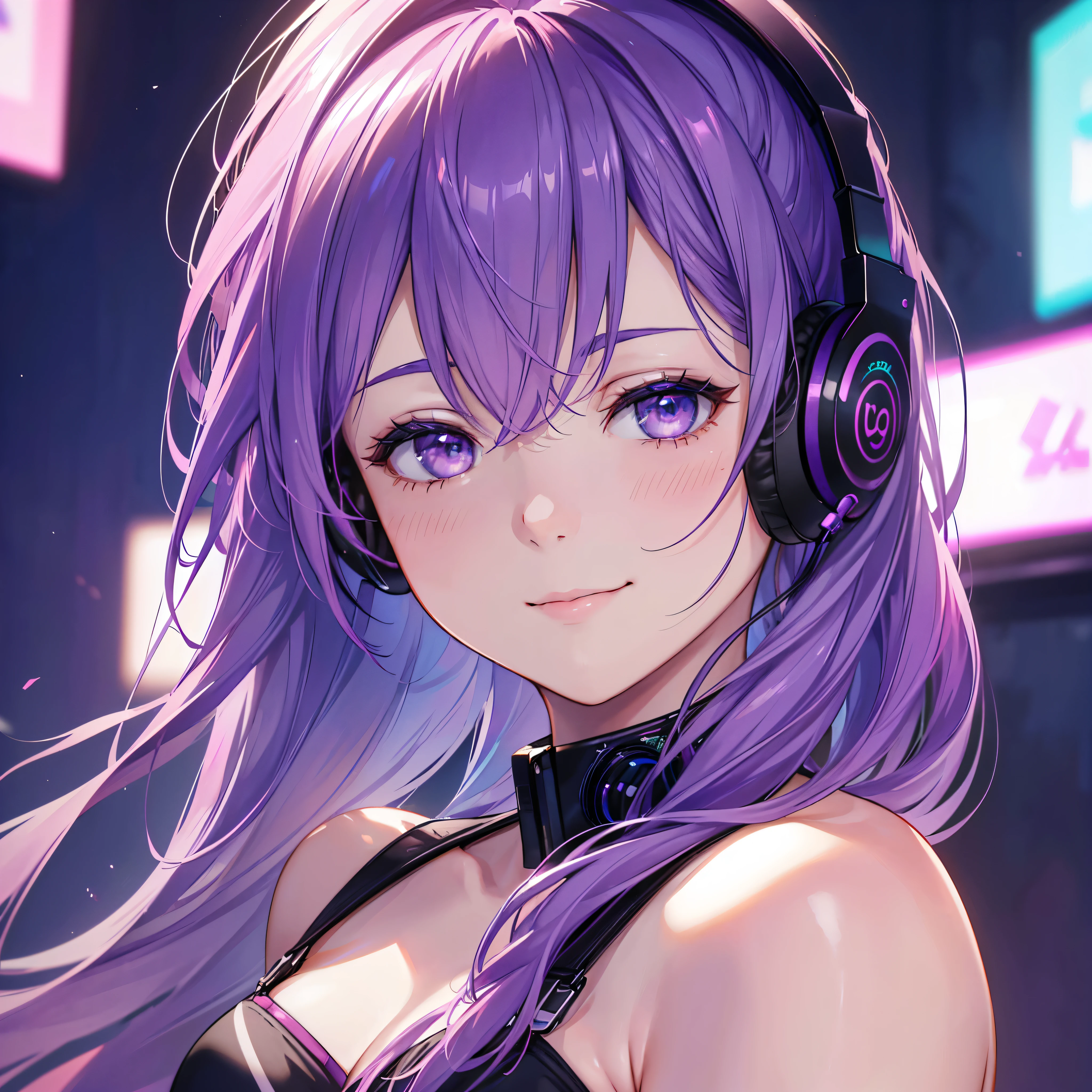a beautiful smiling girl streamer with headphones, delicate and elegant facial features, purple shiny hair, (best quality,8k,highres,masterpiece:1.2),ultra-detailed,(realistic,photorealistic,photo-realistic:1.37),neon lighting,vibrant colors,detailed texture, playing games