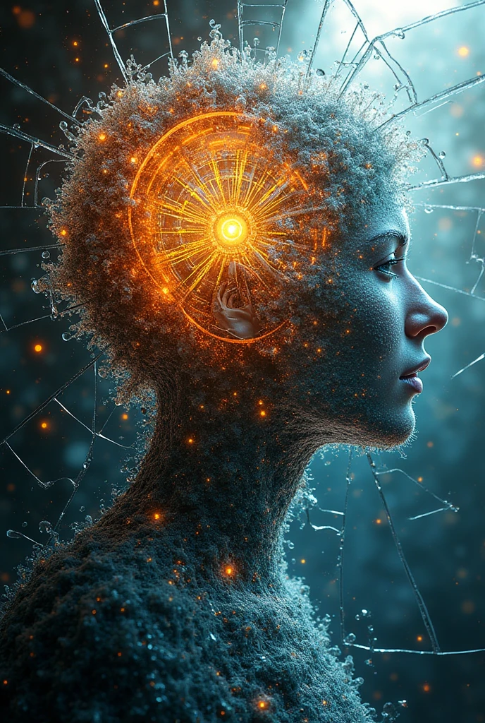 the entire image shows shattered cracked glass, fusion of (cyber, diesel, clock, steam) punk and (water, fire, earth, wind) punk, conceptual installation art, 2.5D, delicate and dynamic, artistic, hyper, graphic CG digital art