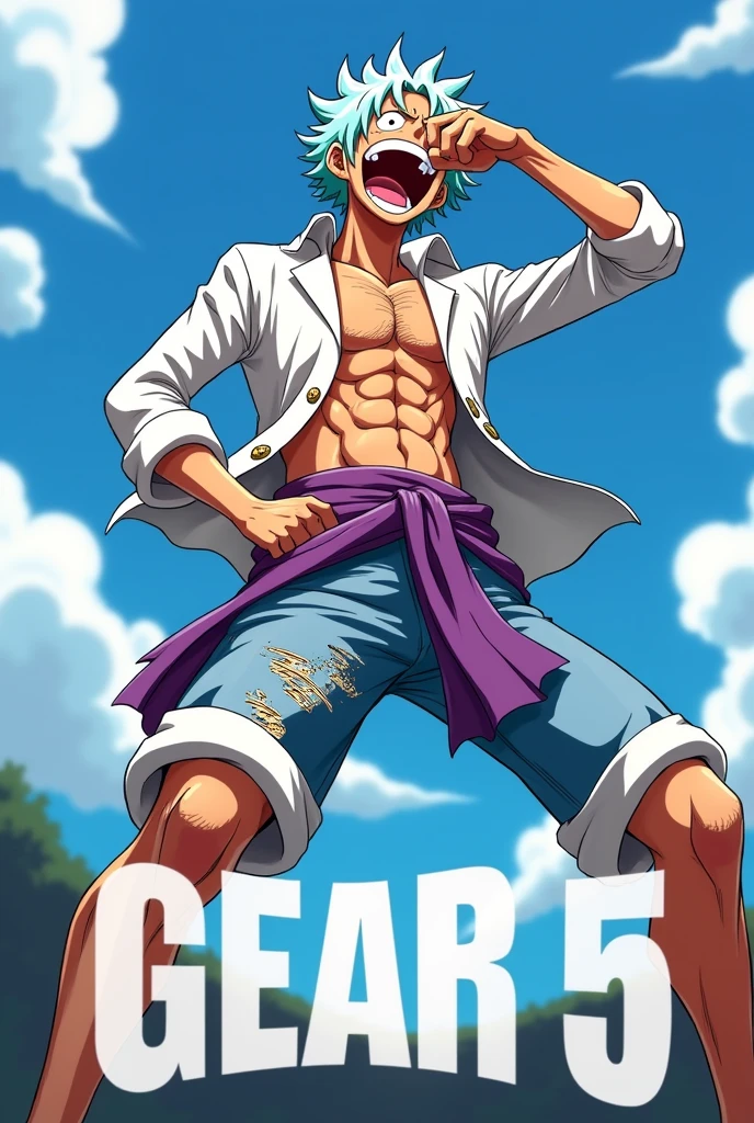 Create an anime-style scene featuring a Luffy gear 5 from one-piece in a dynamic pose with white, wild hair, wearing a torn white outfit with a purple sash. The character should have a joyful and exaggerated expression, with their mouth wide open in laughter, while sitting in a laid-back position with their legs spread out. The character's right hand should be shielding their eyes as if looking into the distance. Include a bright sky with some clouds in the background and large text at the bottom reading "GEAR 5."