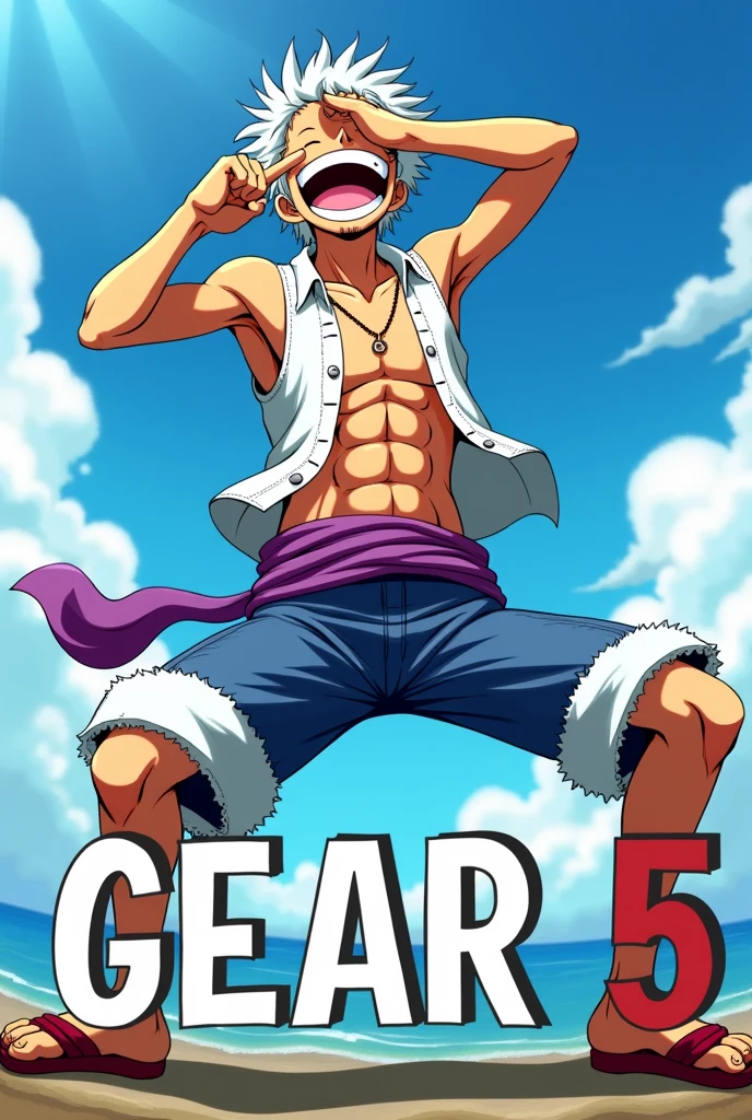 Create an anime-style scene featuring a Luffy gear 5 from one-piece in a dynamic pose with white, wild hair, wearing a torn white outfit with a purple sash. The character should have a joyful and exaggerated expression, with their mouth wide open in laughter, while sitting in a laid-back position with their legs spread out. The character's right hand should be shielding their eyes as if looking into the distance. Include a bright sky with some clouds in the background and large text at the bottom reading "GEAR 5."