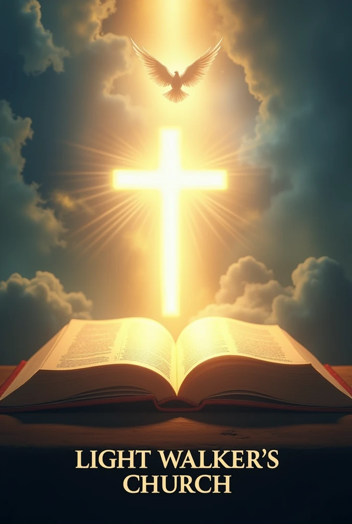 Bright Light shone from Bible with the cross in the middle and holy spirit on top of the cross like a dove, and write boldly "Light Walker's church" at the bottom with Times new roman font, heavenly background