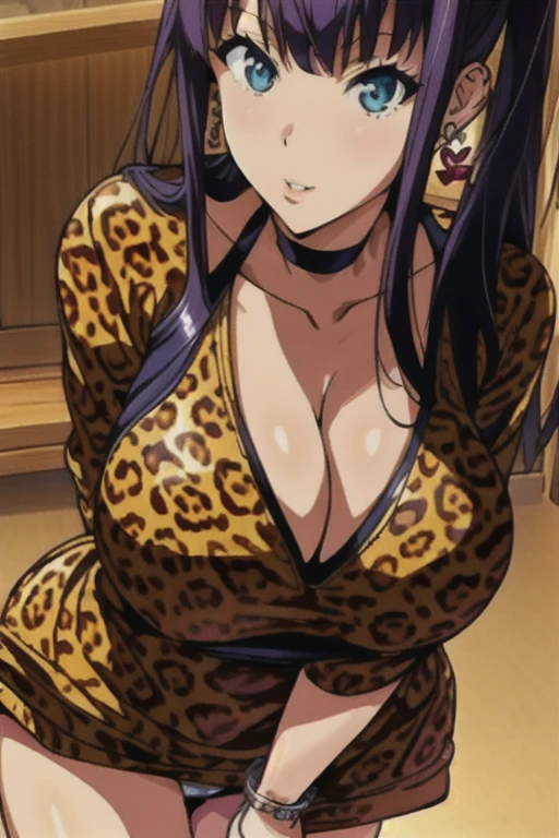 perfect eyes:1.2, detailed eyes:1.4, skindentation,leopard printed long sleeve one piece with v neck cleavage ,Skirt type one piece,Blue eyes, Purple hair, ((blunt bangs)), twin tail,Bare neck, 20yo, Young female, Beautiful Finger, Beautiful long legs, Beautiful body, Beautiful Nose, Beautiful character design, perfect balance, 1girl, solo, (masterpiece:1.6, best quality), 8k, insane details, intricate details, hyperdetailed, hyper quality, high detail, ultra detailed, professional, HDR, ray tracing reflection, cinematic lighting,Cleavage,Busty,Big breast,ear piercing,Love shaped necklace,Half eyes open,Eyeshadow,Thick lips,Leopard print panty,Bracelet,Long nail,Ring,black color Chocker,Gyaru,Solid heart shaped earring,outside,((carrying chain Leopard print purse bag)),1hand on hips,Face fully viewed,view from afar,Sitting in bench with crossing leg while playing phone with 1hand,View on phone