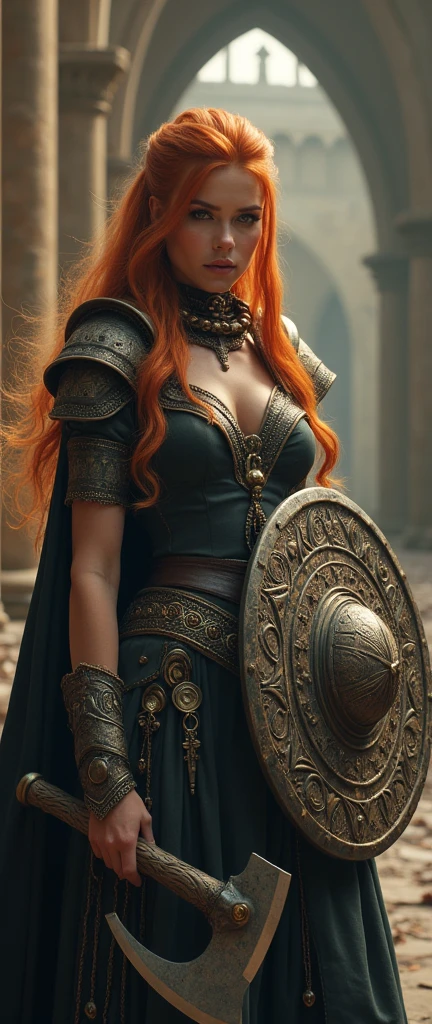 a supermodel cocksure and self-confident female warrior, vibrant and lush, with smooth long ginger hair, in a dynamic battle pose, with Viking axe and norse shield DJ DJing in odins hall on dj decks with norse symbols ruins hyper-realistic, 4k, 16k, ultra-detailed, dramatic lighting, cinematic, photorealistic, intricate, masterpiece