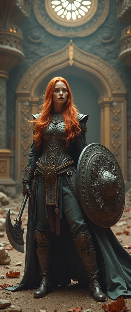 a supermodel cocksure and self-confident female warrior, vibrant and lush, with smooth long ginger hair, in a dynamic battle pose, with Viking axe and norse shield DJ DJing in odins hall on dj decks with norse symbols ruins hyper-realistic, 4k, 16k, ultra-detailed, dramatic lighting, cinematic, photorealistic, intricate, masterpiece