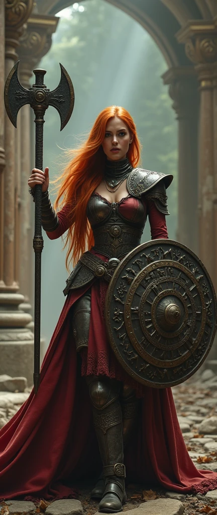 a supermodel cocksure and self-confident female warrior, vibrant and lush, with smooth long ginger hair, in a dynamic battle pose, with Viking axe and norse shield DJ DJing in odins hall on dj decks with norse symbols ruins hyper-realistic, 4k, 16k, ultra-detailed, dramatic lighting, cinematic, photorealistic, intricate, masterpiece