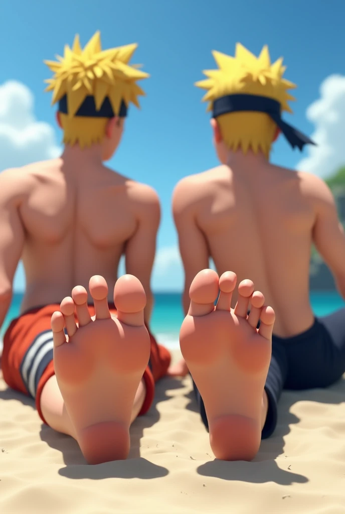 Imagen animada de estilo realista en HD del chico anime Boruto y Naruto Uzumaki descalzos mostrando la planta de sus pies cerca de la cámara por debajo 
Sentado en la playa sonriendo sin camisa 
Mostrando las plantas de sus pies 
4 dedos y 1 pulgar en cada pie 
2 pies 👣 
Mostrando six pack
Mostrando textura realista suave 
Mostrando detalles de iluminación en sus pies 
Mostrando pies perfectos 