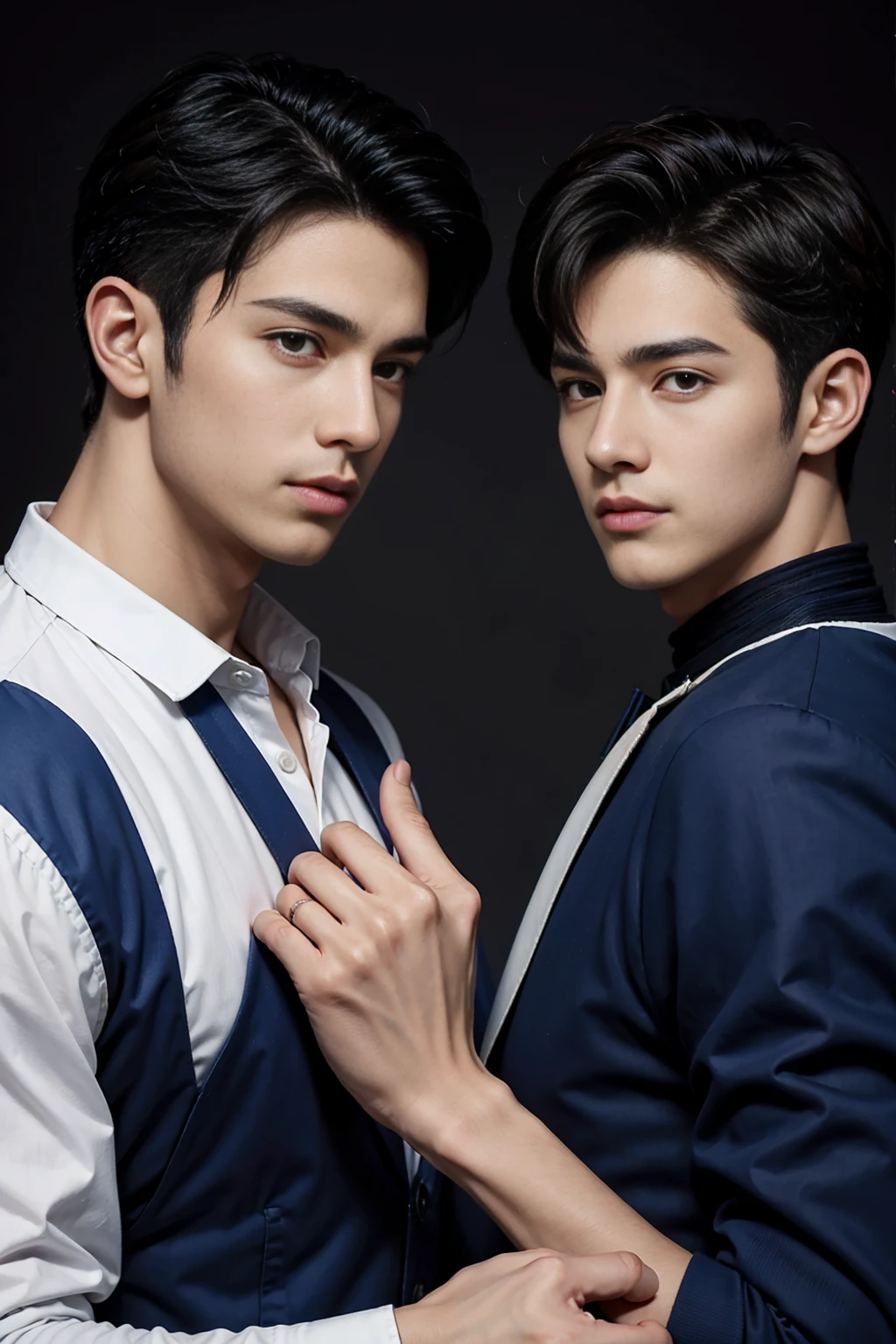 ((masterpiece)),((best quality)),8K,high detail,Very detailed, Very manly,3 men, like,fashion pose, Realistic skin texture, Light,
Royal blue style couple,Perfect hand details