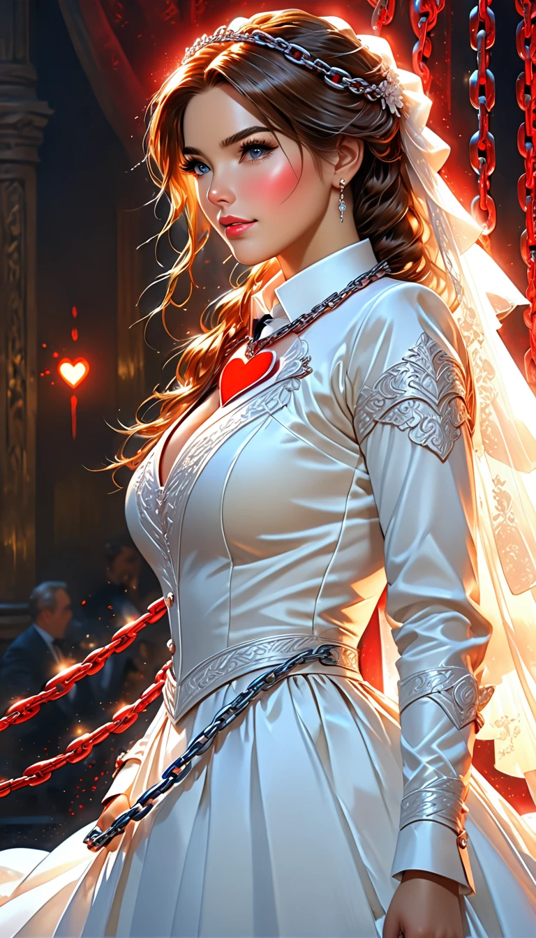 oil painting anime comic art, Larry Elmore, art of a groom held by ((radiant chains)), in his wedding day and his bride, a handsome groom, wearing suit and tie, BREAK a beautiful, sexy bride, busty bride, wearing white leather wedding dress, the chain holds the groom, with chains, the chain forms the shape of red glowing heart, cinematic light, High Detail, Ultra High Quality, High Resolution, 16K Resolution, Ultra HD Pictures, Ultra Realistic, Clear Details, Realistic Detail, Ultra High Definition,