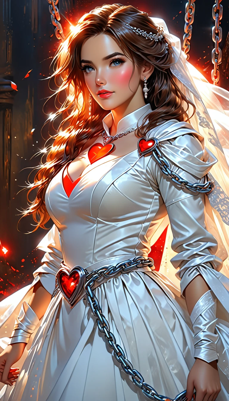 oil painting anime comic art, Larry Elmore, art of a groom held by ((radiant chains)), in his wedding day and his bride, a handsome groom, wearing suit and tie, BREAK a beautiful, sexy bride, busty bride, wearing white leather wedding dress, the chain holds the groom, with chains, the chain forms the shape of red glowing heart, cinematic light, High Detail, Ultra High Quality, High Resolution, 16K Resolution, Ultra HD Pictures, Ultra Realistic, Clear Details, Realistic Detail, Ultra High Definition,