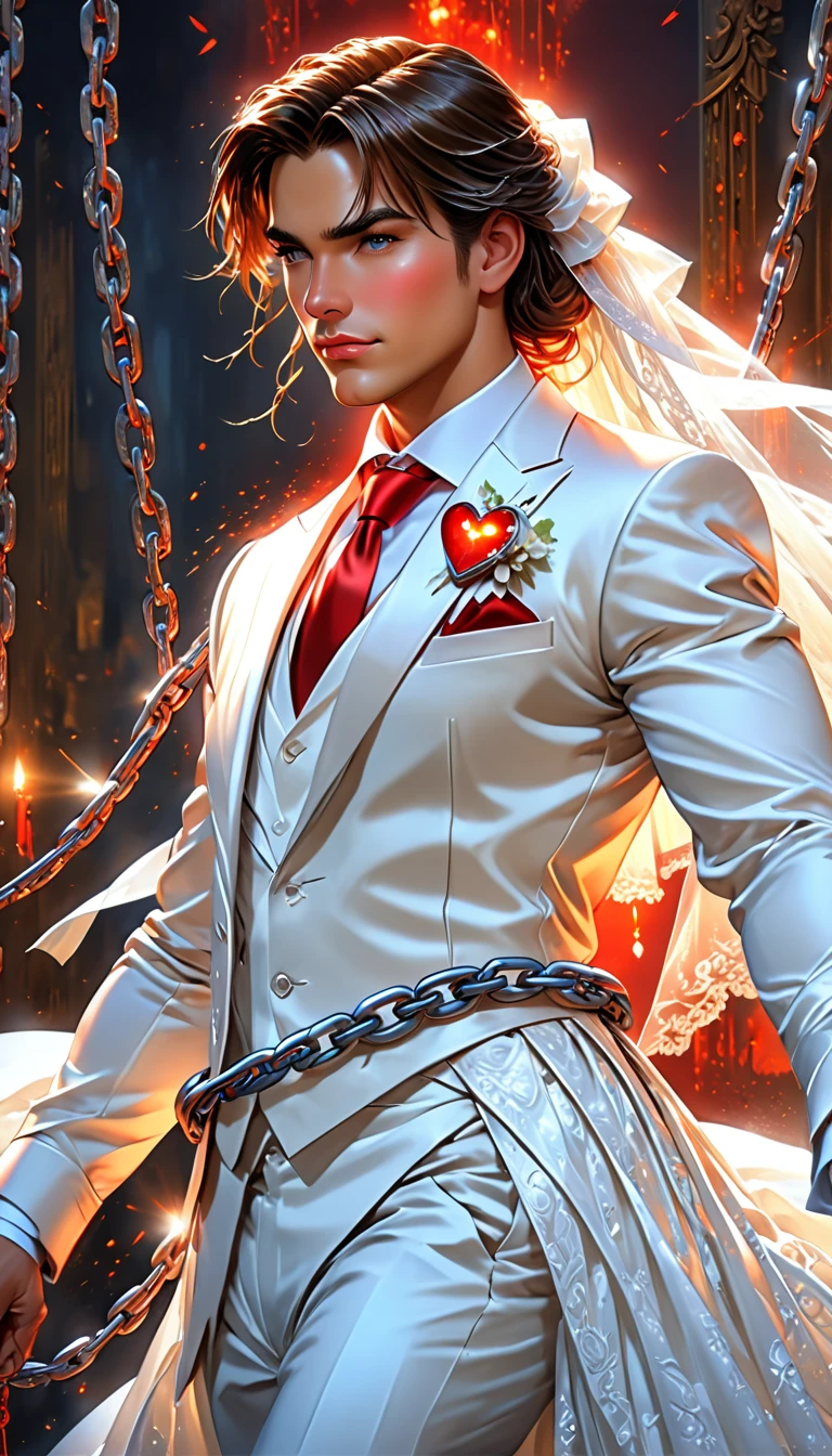 oil painting anime comic art, Larry Elmore, art of a groom held by ((radiant chains)), in his wedding day and his bride, a handsome groom, wearing suit and tie, BREAK a beautiful, sexy bride, busty bride, wearing white leather wedding dress, the chain holds the groom, with chains, the chain forms the shape of red glowing heart, cinematic light, High Detail, Ultra High Quality, High Resolution, 16K Resolution, Ultra HD Pictures, Ultra Realistic, Clear Details, Realistic Detail, Ultra High Definition,