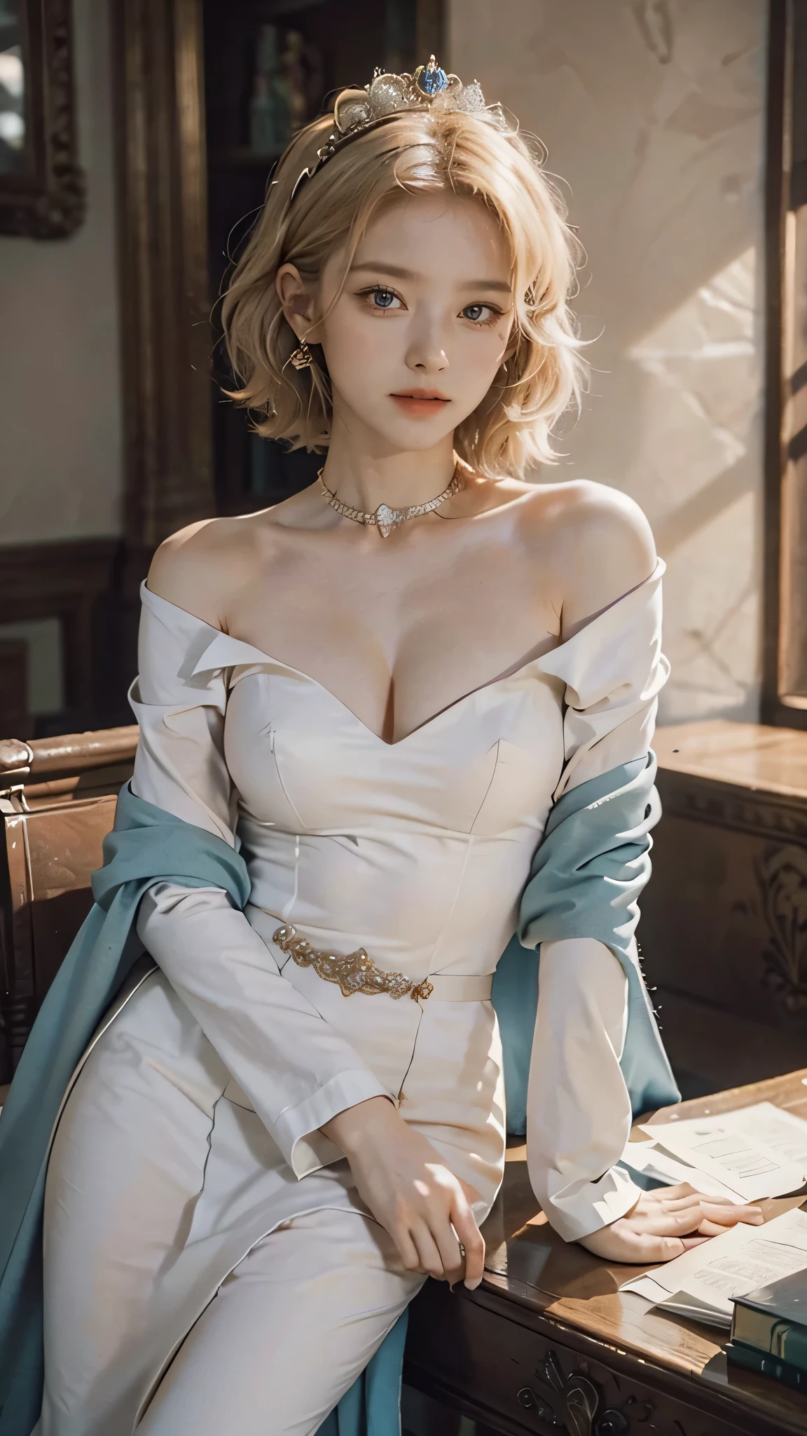 (Masterpiece: 1.2, Best Quality), Realistic, (Realistic Picture, Complex Details, Depth of Field), Best Quality, Masterpiece, Highly Detailed, Semi Realistic, 1 Girl, Mature Female, 2, Blond Hair, Shoulder length Short Hair, Left Eye Covered with Hair, Blue Eyes, King's Clothes, Red Cloak, Slim Figure, Crown Made of Precious Gold, Reading Documents, Marking Documents, Goose Hair Pen, Office Table, Soft Bench, Palace, In the palace, during the Middle Ages