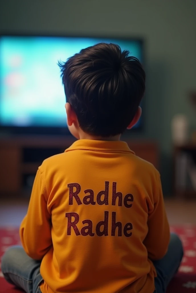 A boy watching TV, whose shirt has Radhe Radhe written on the back in Hindi and the shirt should be of turmeric colour and should look fresh and the boy should be sitting on the side at a little distance from the TV and the TV should be at the height of the boy