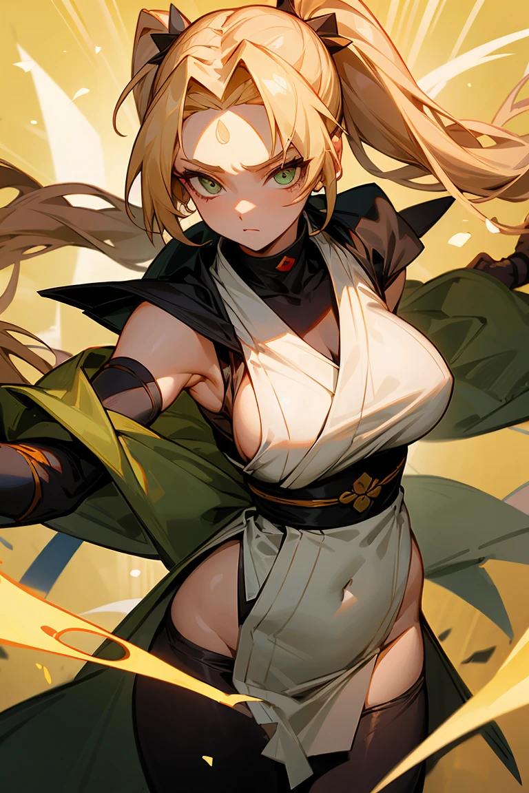 A commanding woman inspired by Tsunade stands with confidence. She has long blonde hair tied in pigtails, striking amber eyes, and a strong, curvaceous figure. She wears a sleeveless kimono-style top and a green, battle-worn coat. A glowing symbol on her forehead hints at her immense magical power. Ready to heal or strike with devastating force, she exudes both strength and wisdom.