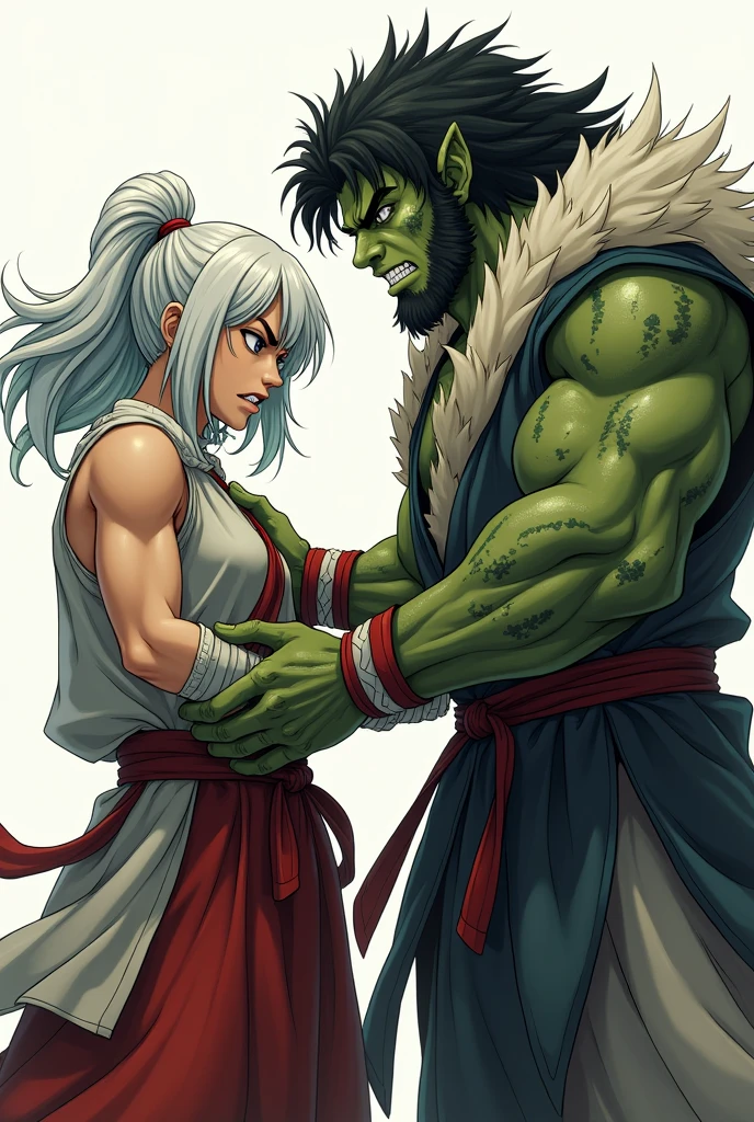 A young half-orc woman, light grayish green skin, thin and short, medium white hair, with clothing similar to that of a martial artist, with some bandages on his hands, and beside him a tall, handsome young half-orc man with very dark green skin, with curly hair (necessarily curly), her eyes covered by her hair, that only leaves the mouth and teeth showing, with martial artist clothes and scars all over his body. Both in a cool position. *Both done in anime style*