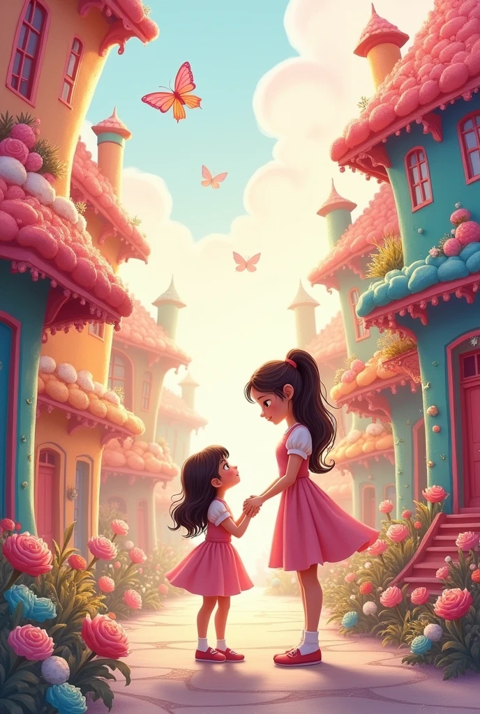 Create a watercolour theme about a mother and daughter talking each other in the sweetopia ville 