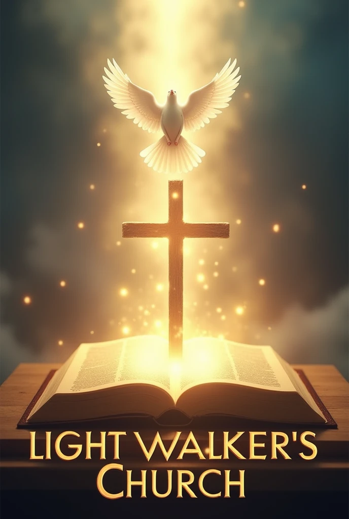 Bright Light shone from Bible with the cross in the middle and holy spirit on top of the cross like a dove, and write boldly "Light Walker's church" at the bottom with Times new roman font, heavenly background 