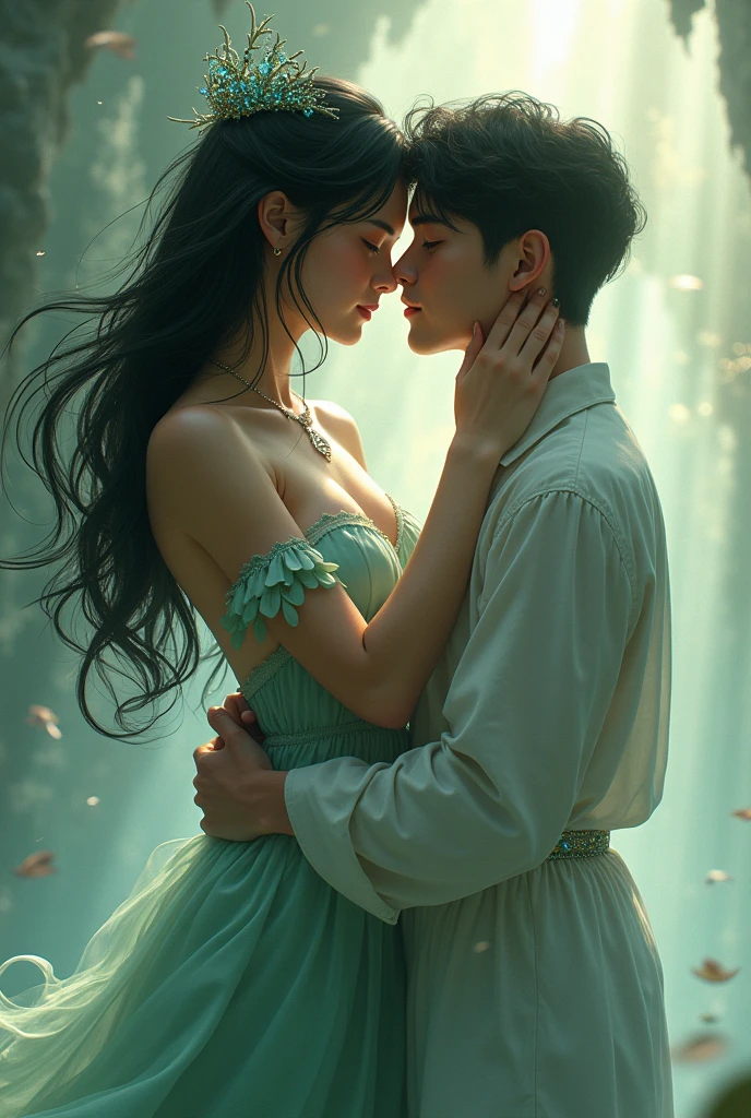 a young girl and a young boy, in their twenties, from fantasy world, she has jet black hair and green eyes, they are in love, they are from kingdom of air