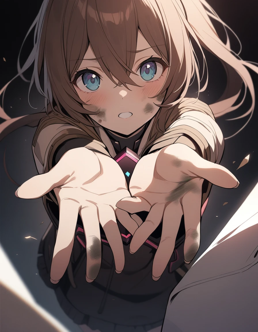 1 Girl, Amiya \(Ark of Tomorrow\), Ark of Tomorrow, Dirty face, Outstretched Hand, close up, Movie Angle, shorten, dark, dark background, masterpiece, best quality