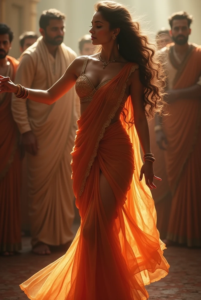 (photorealism:1.2), beautiful woman, dancing wearing a sexy saree with visible cleavege hips see through material with men staring at her