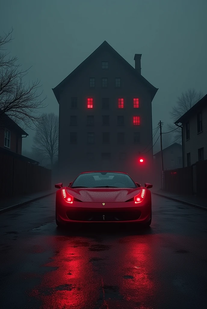 dark picture, dark building, dark road, red light in building and  a black car ,red light car , darkness , fearness, give front of car , it is town , red and dark houses , Ferrari car