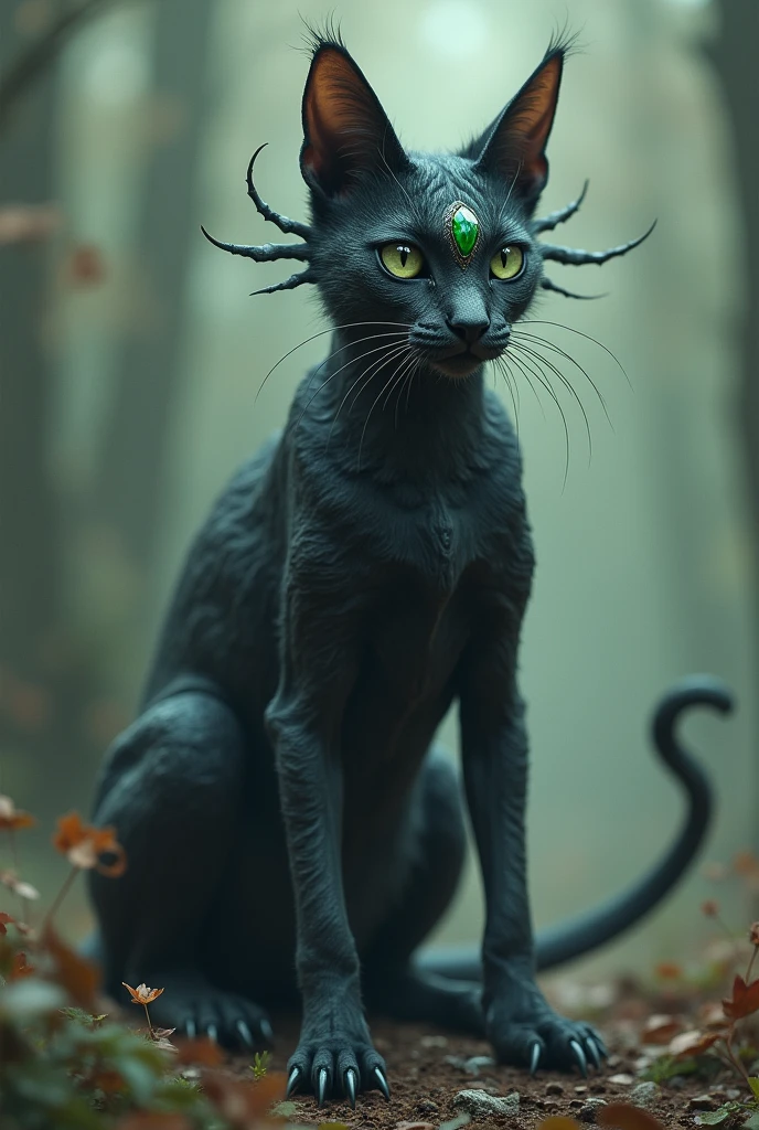 Rediak, feline creature, sharp claws, fangs, gem on forehead, long tail, it has no eyes
