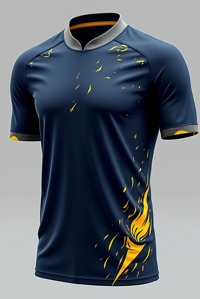 Interclass shirt A sports shirt with a dynamic and striking design. The shirt has a deep navy blue base with an abstract swirl pattern covering the entire surface., giving a sense of movement. A graphic of a prominent torch, with a bright yellow outline, is positioned at the bottom left, symbolizing energy and determination. The collar and sleeve edges are highlighted with a contrasting gold, adding vibrancy to the design. A small gray section around the collar breaks up the dark color scheme., providing balance to the overall look.