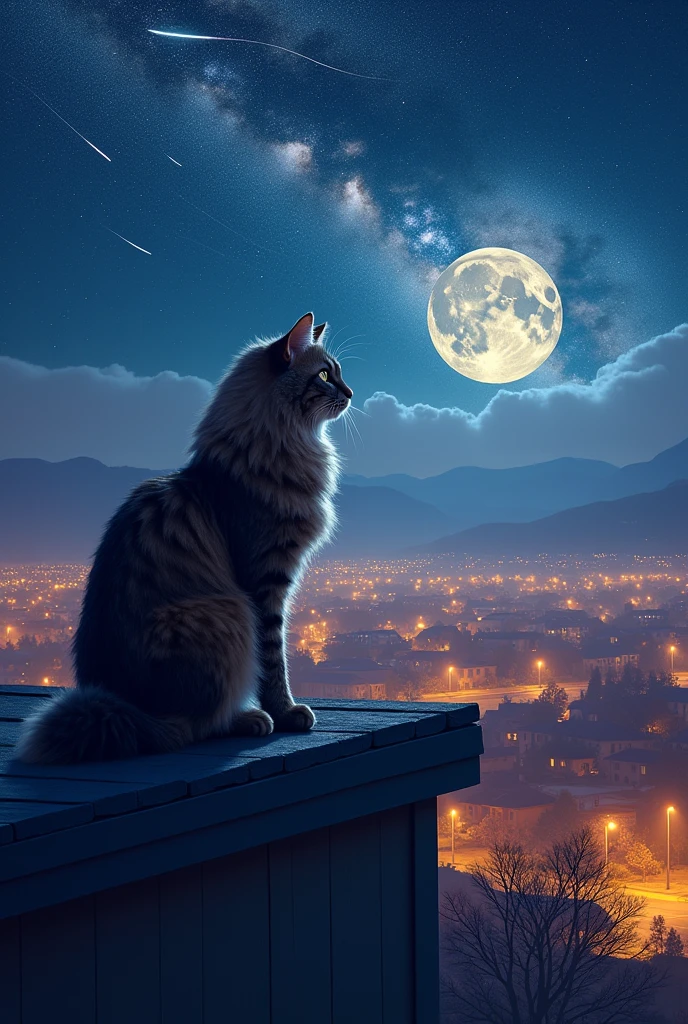 A Mainecoon cat in a roof top of a house, stares in to the distance, the beautiful sub urban city view, vibrant rown lamps, with hills and mountains in background, starry night with beautiful Milky Way belt, subtle nebulae, trails of comet or meteor in the bright night sky with bluish silver big full moon, incredible celestial night