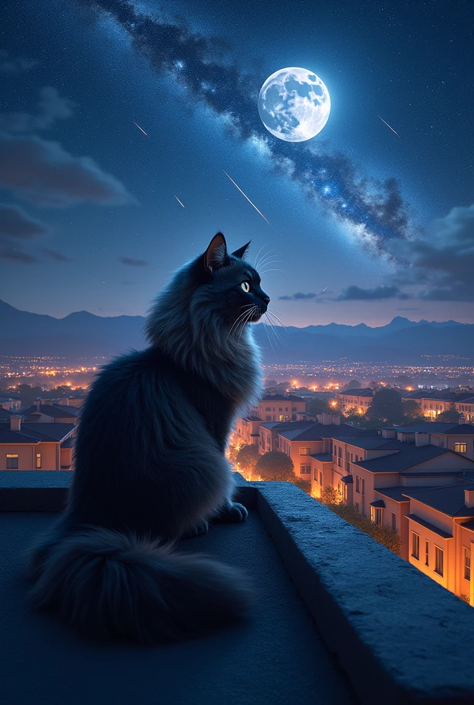 A Mainecoon cat in a roof top of a house, stares in to the distance, the beautiful sub urban city view, vibrant rown lamps, with hills and mountains in background, starry night with beautiful Milky Way belt, subtle nebulae, trails of comet or meteor in the bright night sky with bluish silver big full moon, incredible celestial night