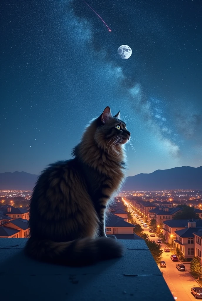 A Mainecoon cat in a roof top of a house, stares in to the distance, the beautiful sub urban city view, vibrant rown lamps, with hills and mountains in background, starry night with beautiful Milky Way belt, subtle nebulae, trails of comet or meteor in the bright night sky with bluish silver big full moon, incredible celestial night