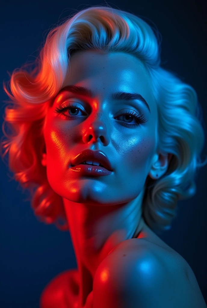 woman with realistic freckles and with hair of woman with freckles and with hair like Marilyn Monroe and blue and red studio lights on her and dark blue background