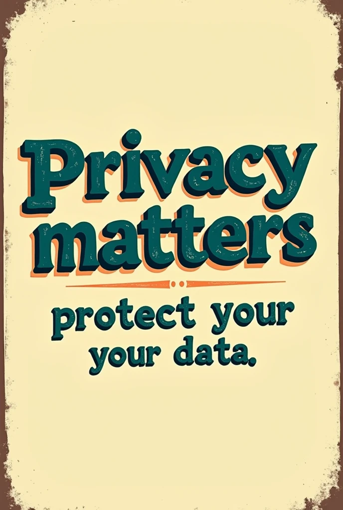 a retro-style poster with the text 'Privacy Matters, Protect Your Data' A light, almost pastel yellow background. with the lettering of Deep, rich blues and greens, with a hint of orange and with a Border of dark brown.