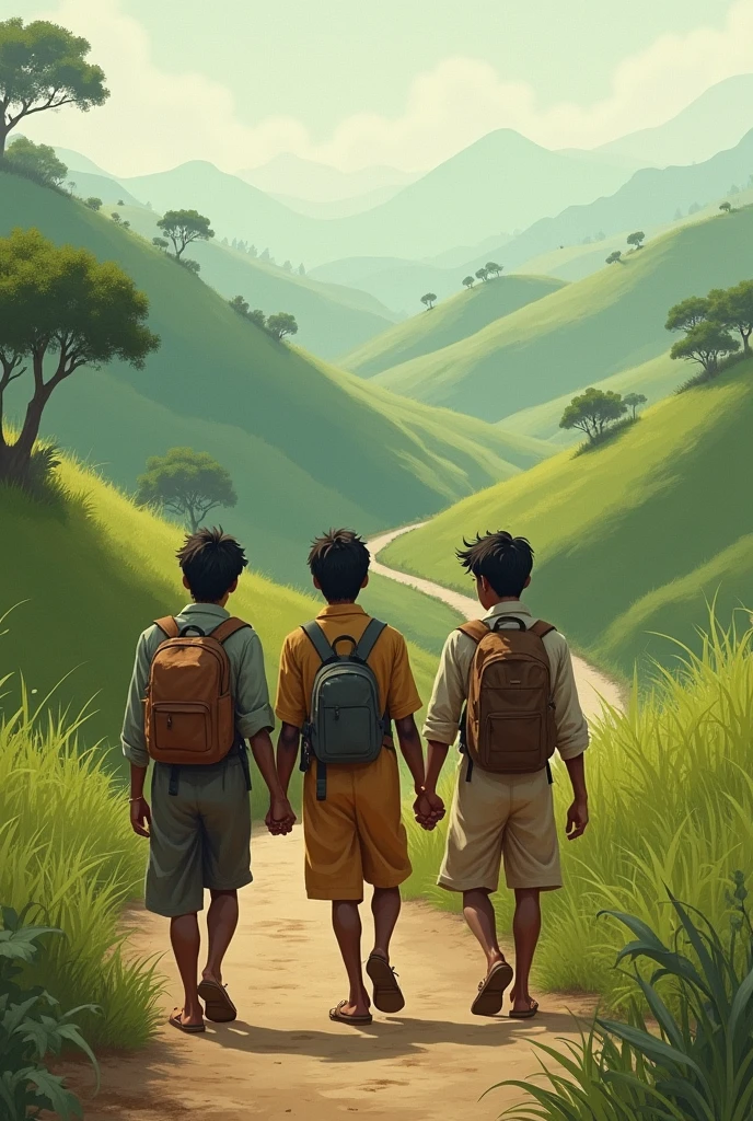 Mahesh, along with his friends Ramu and Kali, walks outside the village.