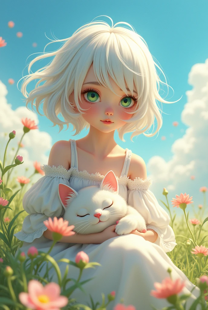 cute,White Hair,Green Eyes,teenager,sunny,The wind is blowing,flower,Cat sleeping on lap,high resolution,
