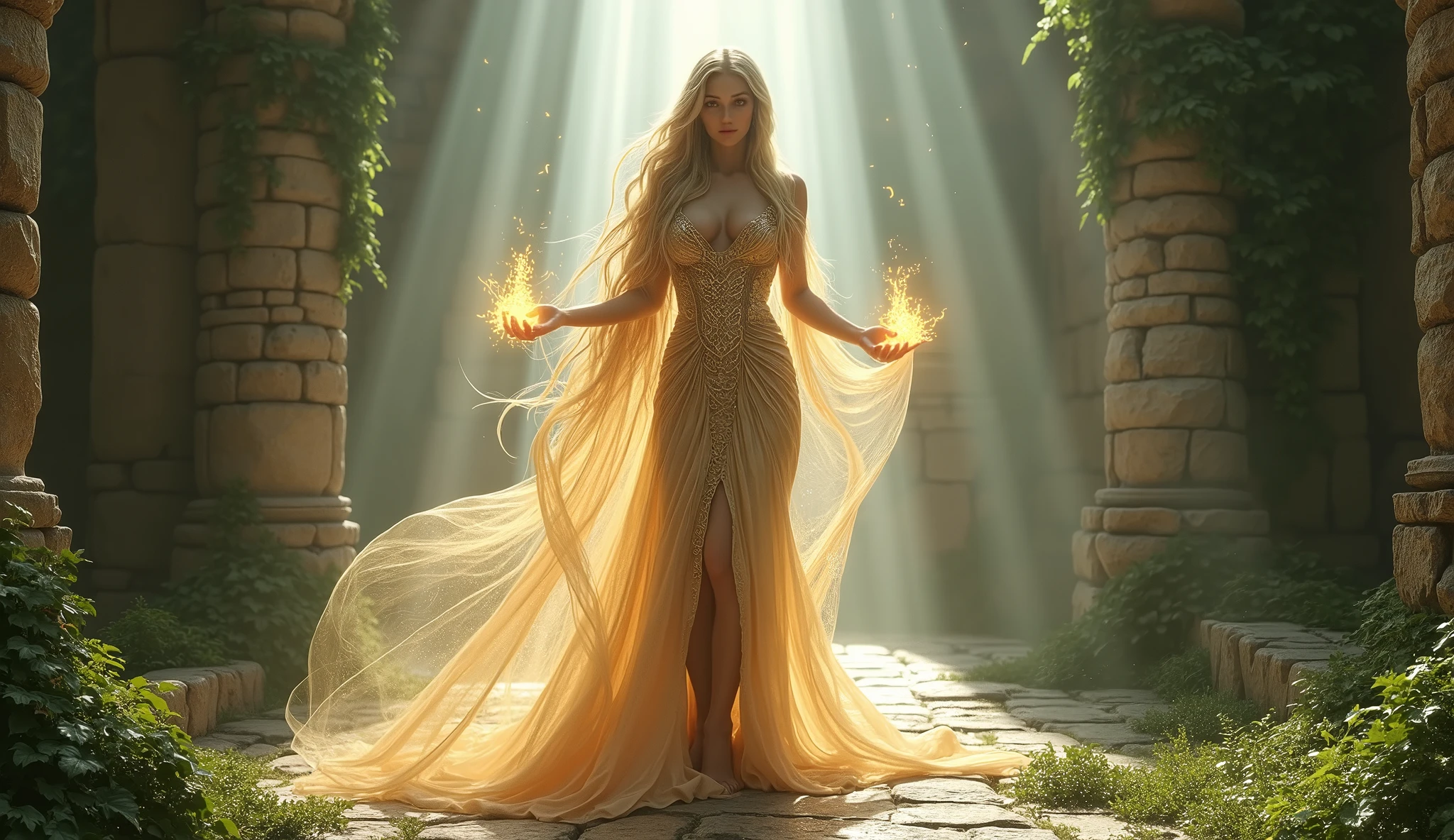 A stunning goddess with flowing golden hair, wearing a revealing, glittering gown that clings to her curves. She stands in the center of ancient stone ruins, her body bathed in a soft, ethereal light. Her arms are raised gracefully as if she's casting a spell, and her eyes glow with a mysterious power. The ruins are covered in ivy and glowing runes, and beams of light filter through cracks in the stone, illuminating her with a divine aura. Aim for realistic depiction, make sure photos are at highest resolution (8K)