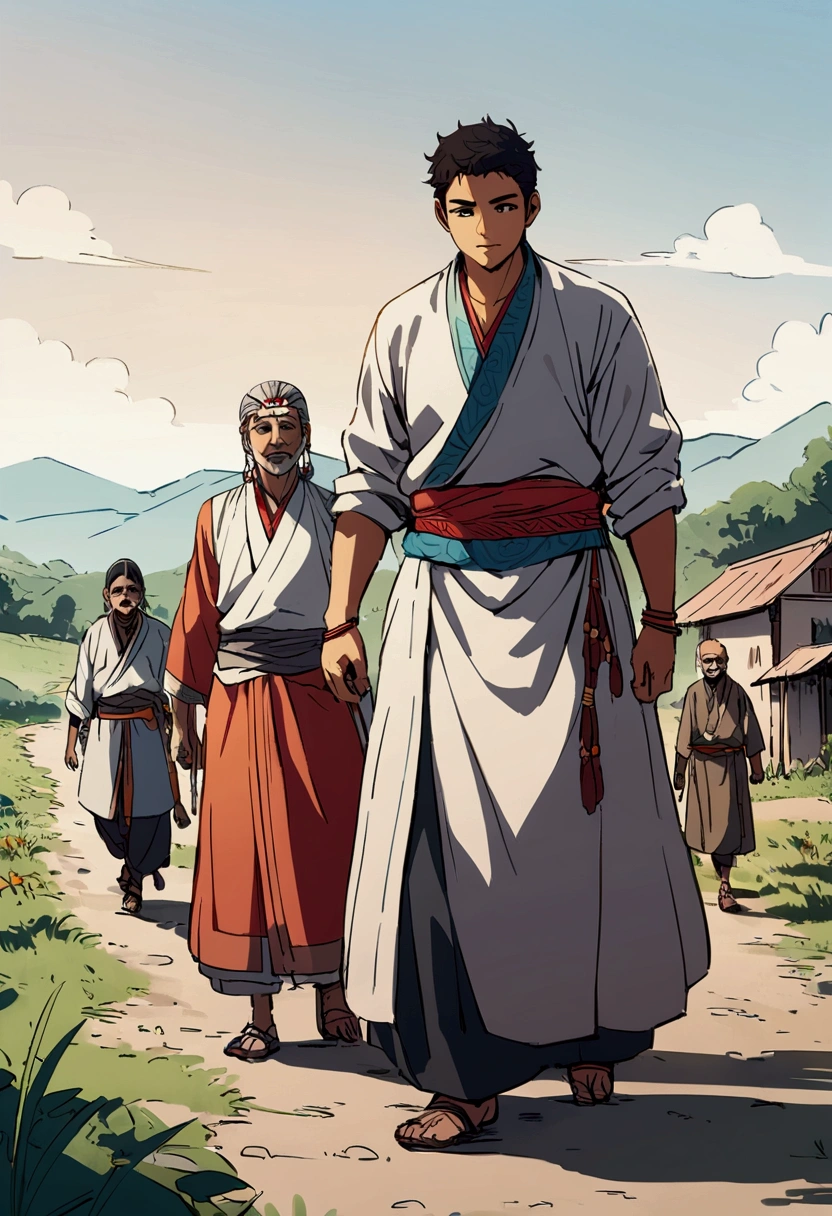 Mahesh, along with his friends Ramu and Kali, walks outside the village.