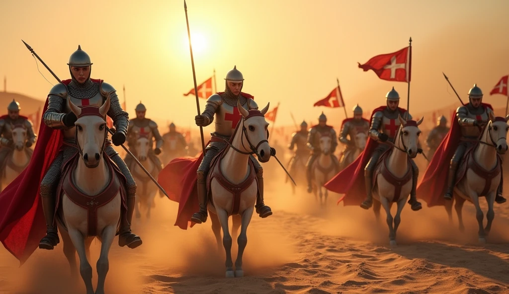 A highly realistic, high-contrast, 8K HD, detailed, hyper-detailed image of Crusader knights clad in steel armor with red crosses on their tunics, fiercely overwhelming their enemies with swords in a desert setting. The knights are shown with intense determination as they strike down their foes, their swords glinting in the harsh sunlight. The desert landscape around them is vast, with dunes and a blazing sun casting long shadows. The scene captures the raw power and bravery of the Crusaders as they dominate the battlefield, with the sand beneath them kicked up by the force of their movements. The image is of the highest quality, with ultra-high resolution, RAW photo quality, and Unreal Engine rendering, portraying the epic and fierce battle under the scorching desert sun.