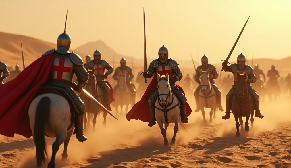 A highly realistic, high-contrast, 8K HD, detailed, hyper-detailed image of Crusader knights clad in steel armor with red crosses on their tunics, fiercely overwhelming their enemies with swords in a desert setting. The knights are shown with intense determination as they strike down their foes, their swords glinting in the harsh sunlight. The desert landscape around them is vast, with dunes and a blazing sun casting long shadows. The scene captures the raw power and bravery of the Crusaders as they dominate the battlefield, with the sand beneath them kicked up by the force of their movements. The image is of the highest quality, with ultra-high resolution, RAW photo quality, and Unreal Engine rendering, portraying the epic and fierce battle under the scorching desert sun.