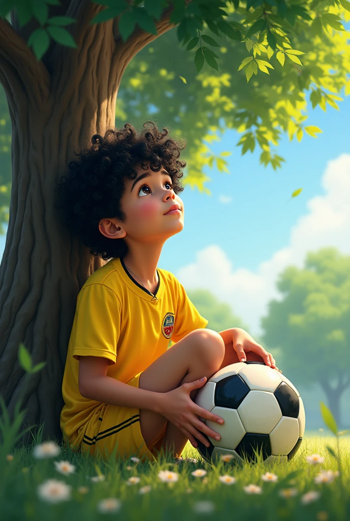  with curly black hair and black eyes in a yellow soccer t-shirt and shorts is holding a soccer ball in her hand and is sitting near a big tree daydreaming and looking at the sky 