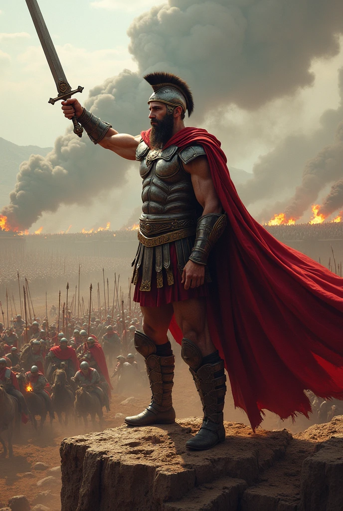 Spartan king with victory standing on a cliff with showing sword to his army with fire and all blood and arrows horses and dead enemies