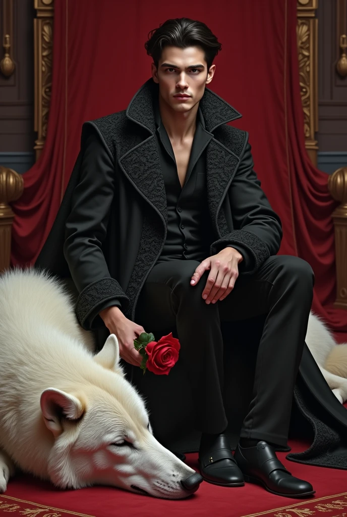 A young man, around 1, with a tall and slender build, well-toned muscles, and a perfectly proportioned body. He has a beautifully shaped, slender face with soft, light pink lips that are delicately curved. His nose is well-defined and sharp, and his piercing red eyes, with double eyelids, exude a cold and intimidating aura. His complexion is fair and smooth, and his thick, jet-black hair is casually tucked behind his ears.

He is dressed in a long, pitch-black cloak adorned with lace that gives him a refined and elegant appearance. His demeanor and posture suggest that he is of noble birth.

In his hand, he holds a vibrant red rose that contrasts strikingly with his attire. He sits atop an enormous white wolf with fluffy fur, which is peacefully sleeping on a luxurious thick red carpet trimmed with gold, adding to the overall grandeur of the scene.