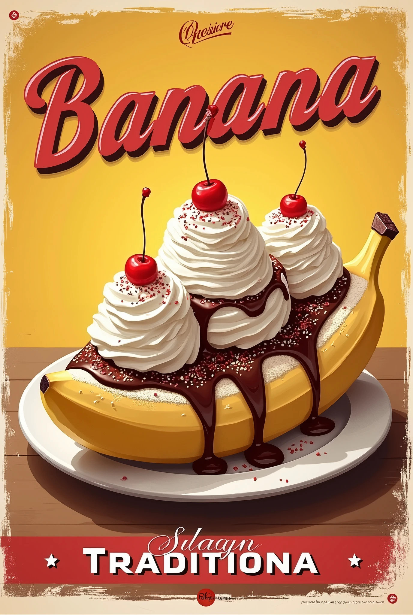 Affiche publicitaire rétro avec écritures. peinture numérique. Gourmand banana split. Recette traditionnelle de dessert glacé de la cuisine des États-Unis, à base de banane coupée en deux en longueur, recouverte de trois boules de crème glacée, nappées de chocolat fondant chaud et de crème chantilly. Image culinaire. Chef d'oeuvre. haute qualité. Art numérique. Résolution 8K. ((ultra réaliste))((ultra détaillé))