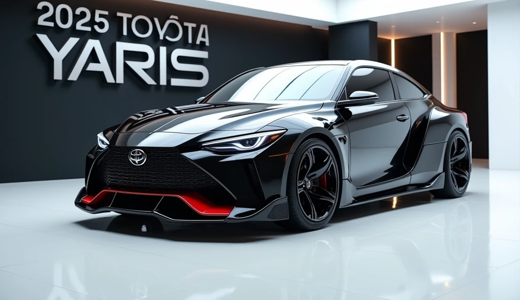 A stunning, futuristic (2025 Toyota Yaris) takes center stage in a luxury white showroom. The vibrant (black) exterior gleams, drawing attention to its sleek, aerodynamic design and bold accents. The (.2025 Toyota Yaris) " is prominently displayed in large, metallic letters on the car, set against a dark wall. The ( front side) view showcases the cutting-edge innovation and technology of its time, inviting potential buyers to experience the future of automotive design and performance. This awe-inspiring image promises an unparalleled driving experience.