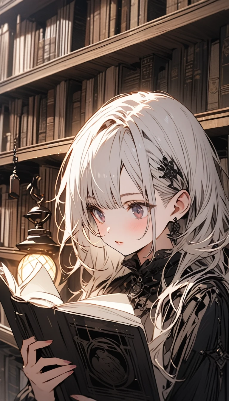 Beautiful girl with white hair，Wearing a black gothic skirt，Standing next to the bookshelf and reading a book，library，A metal lantern is placed nearby.，solo，Character Close-up，Detailed characters