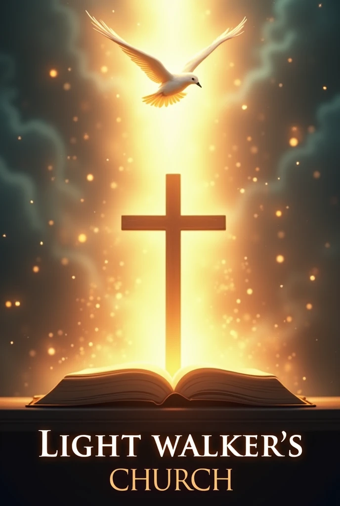 Bright Light shone from Bible with the cross in the middle and holy spirit on top of the cross like a dove, and write boldly "Light Walker's church" at the bottom with Times new roman font, heavenly background